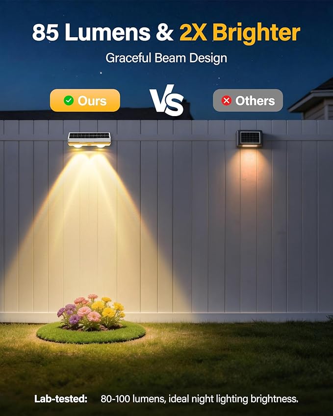 Solar Fence Lights Outdoor, 2 Pack Ultra-Bright 85LM Fence Lights Solar Powered, 9 RGB Color Modes, IP65 Waterproof, 12H Dusk to Dawn Glow for Pool/Deck/Patio/Wall/Backyard - White