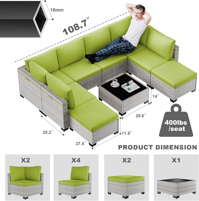 9-Piece Patio Furniture Set, Outdoor with Ottomans, Modular Patio Sofa, Dual-Strand Wicker Rattan, Rust-Resistant Frame, Backyard Furniture for Garden, Deck, Grass Green