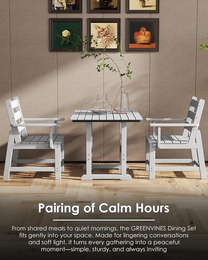 GREENVINES 5-Piece-Outdoor-Dining-Set | HDPE | Square | Patio Furniture | All Weather | Removable Armrests | Slatted Table and Chairs Sets for 4 | for Backyard Poolside Garden | White
