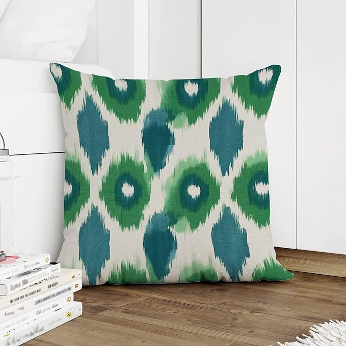 Green and Aqua Bukhara Ikat Pillowcase Peacock Strip Print Throw Pillow Cover Classic Modern Decorative Pillow Covers for Patio Furniture Garden 26x26 in