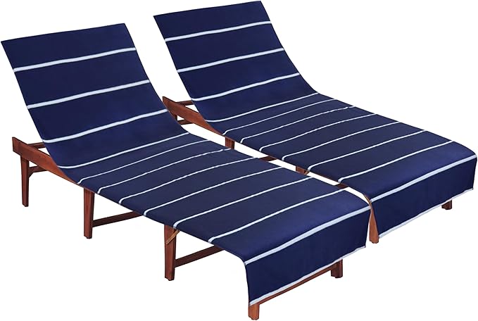 COTTON CRAFT Pool Lounge Chair Cover - 2 Pack Terry Towel Chaise Lounge Cover - Soft Cotton Absorbent Horizontal Stripe Beach Chair Towel - Oversized 32 W x 82 L x 7 inch Pocket - 450 GSM - Blue
