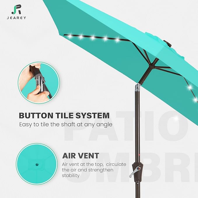 JEAREY 6.5x10 ft Rectangular LED Lighted Patio Umbrellas Outdoor Solar Table Market Umbrella w/Push Button Tilt/Crank, 6 Sturdy Ribs, UV Protection Waterproof Sunproof(Teal)