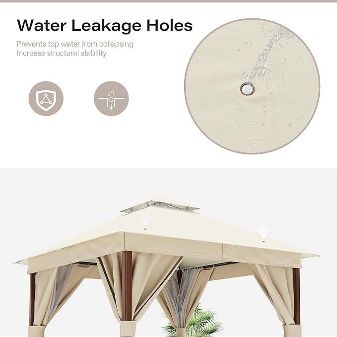LAUSAINT HOME Patio Gazebo 10'x10' Wood-Grain, Outdoor Heavy Duty Party Tent Shelter with Double Roofs, Mosquito Nettings and Privacy Screens for Backyard, Garden, Lawn, Cream White