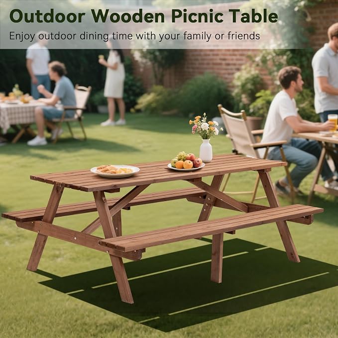 75" Rectangular Picnic Table for Outdoors,8 Person Wooden Picnic Tables,Outdoor Camping Dining Tables with 2 Seats DIY with 2 Built-in Benches for Garden Courtyard BBQ,2220lb Capacity,Brown