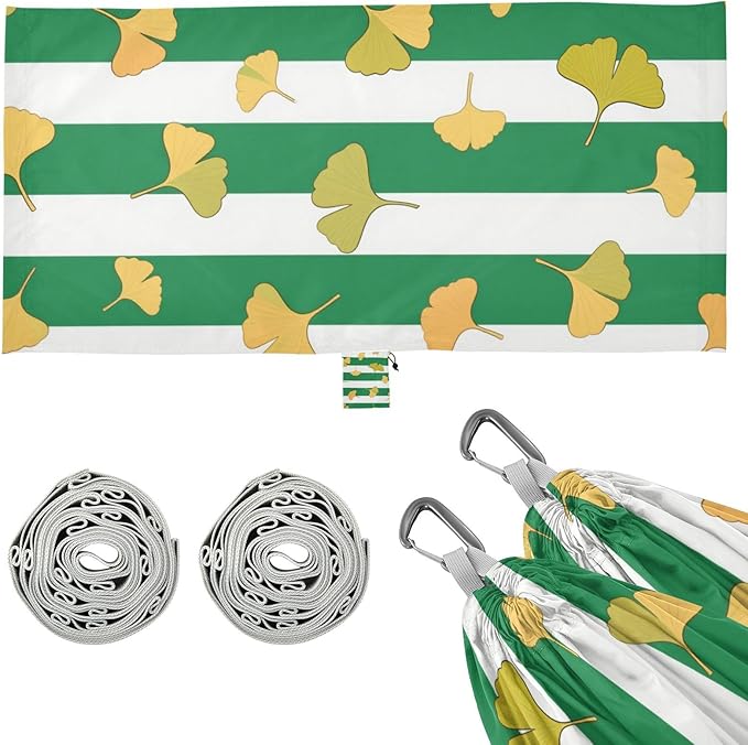 Green White Striped Ginkgo Biloba Leaf 330lb Capacity Camping Hammocks with Hanging Rope Hanging Hammock for Patio Backyard Lounge Base macas mexicanas de Patio para Adulto
