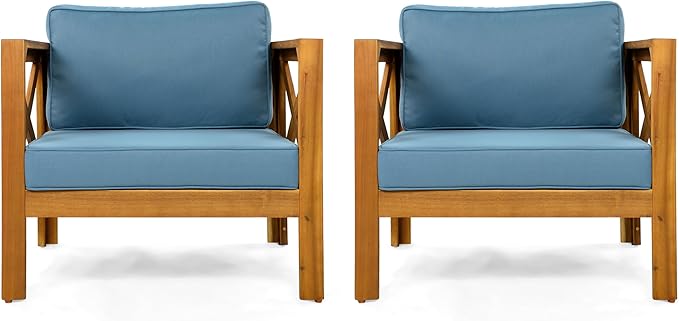 Christopher Knight Home Lucy Acacia Wood Outdoor Patio Furniture Set, 3 Pieces Patio Set, Round Side Table and ArmChairs Conversation Set with Cushion for Garden Lawn Balcony, Blue + Light Teak
