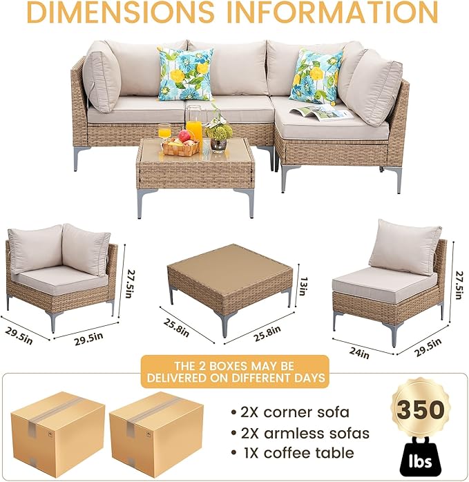 5 Piece Patio Furniture Set, Wicker Modular Outdoor Furniture with Thicker Cushions, Outdoor Couch Sofa for Garden, Poolside, Backyard, Beige