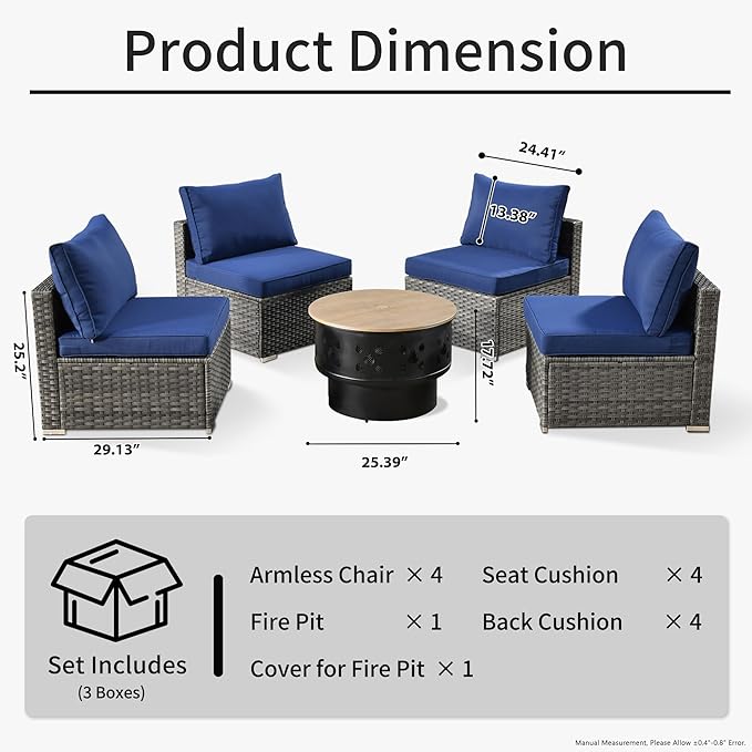 HOOOWOOO 5-Piece Outdoor Wicker Patio Furniture Set, All-Weather Rattan Chairs with Cushions and Fire Pit Table, Modern Garden Conversation Set for Patio, Porch, and Balcony (Navy Blue)