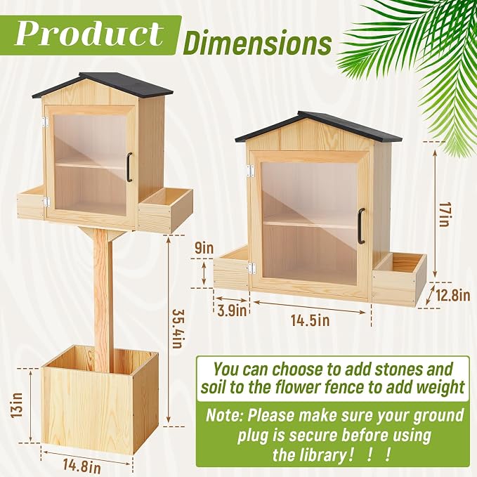 Wonderjune Little Library Box Outdoor Weatherproof Free Library Box Storage with Floor Plugs and Small Flower Fence for Diy, Neighborhoods, Community, Schools Sharing Books, Newspapers