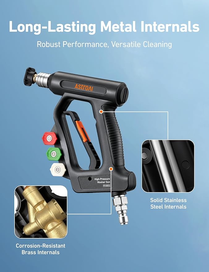 AstroAI Short Pressure Washer Gun with Swivel, Power Washer Gun with 3/8" Quick Connect Inlet & 1/4" Outlet, 4060 PSI, with 4 Nozzles, Ergonomic Comfort Grips, Compatible with Foam Cannon for Car Wash