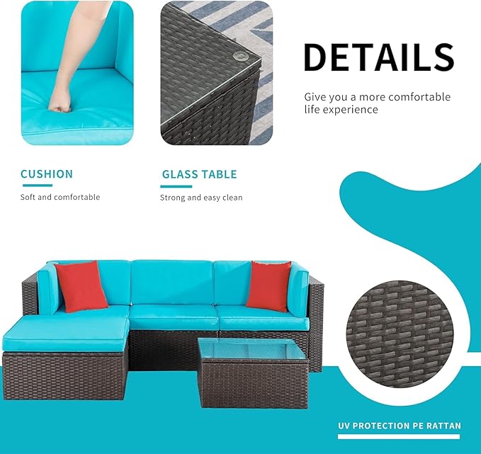 Shintenchi 5 Pieces Patio Furniture Sets Outdoor All-Weather Sectional Patio Sofa Set PE Rattan Wicker Patio Conversation Set with Glass Table&Ottoman Cushion, Blue