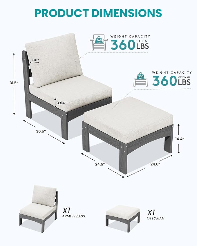 SERWALL 2 Pieces Patio Sofas, HDPE Outdoor Conversation Set with Cushions and Ottoman, Modular Sectional Patio Furniture for Backyard, Deck, Garden, Poolside, Grey Frame with Khaki Cushion