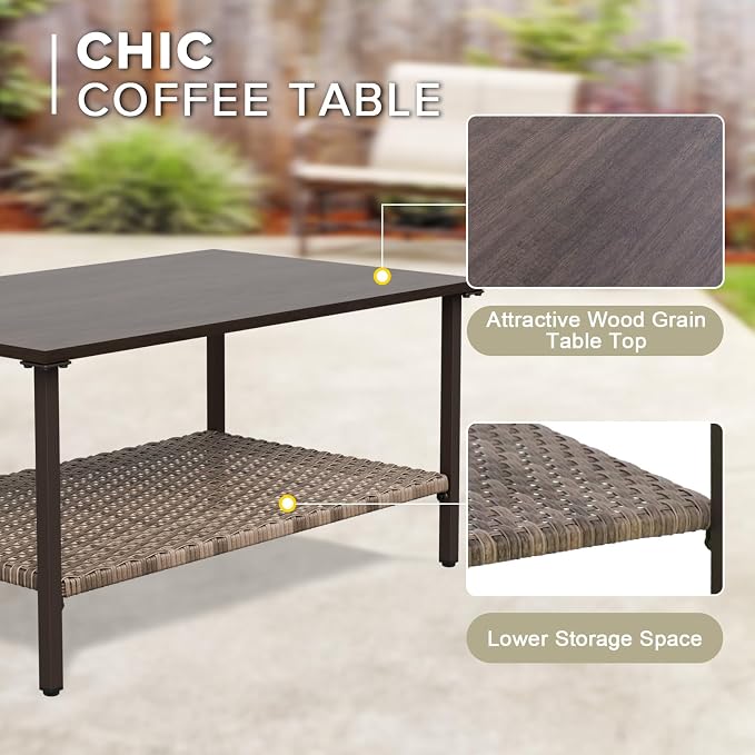 COOS BAY Aurora Terrace 4 Piece Outdoor Sectional Furniture Set, Half Moon Rattan Wicker Conversation Set with 5 Seat Sofa & Coffee Table for Patio Garden Yard, Beige/Beige