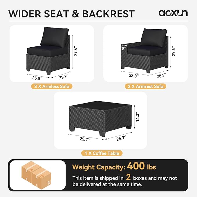 Aoxun Patio Furniture Set, 6 Pcs Outdoor Patio Furniture Sets with 4in Thicken Cushion, Widen Armrests Wicker Outdoor Sectional for Backyard (Waterproof Cover Include)