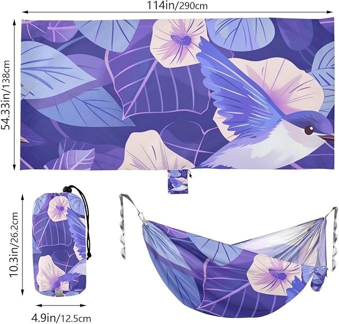 Cartoon Purple Morning Glory Flowers Birds 330lb Capacity Hammocks for Camping with Portabl Carry Bag Hanging Hammock for Patio Backyard Lounge Base jamaca para Patio