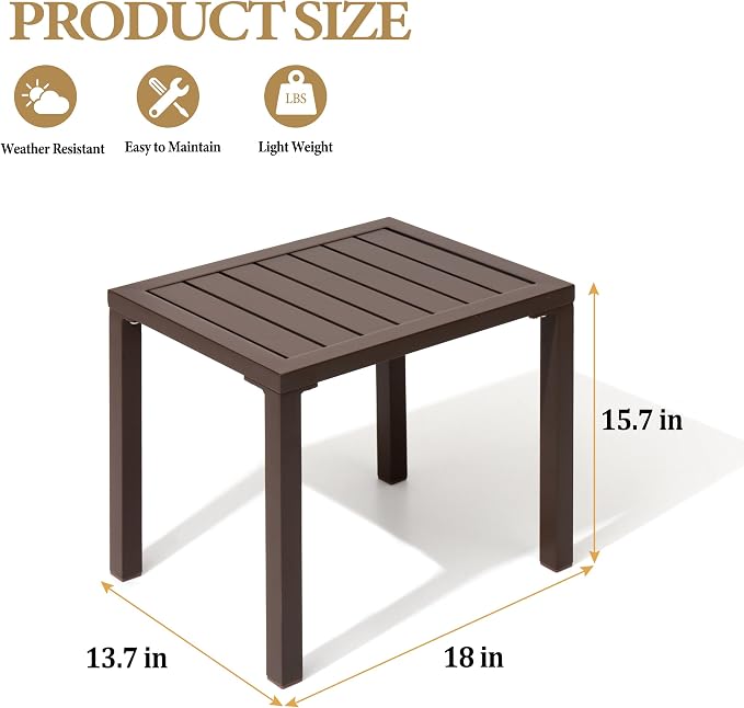 Crestlive Products Outdoor Side Table Set of 2, Aluminum Rectangular Side/End Table, Small Patio Coffee Bistro Table for Outdoor Indoor (Brown)