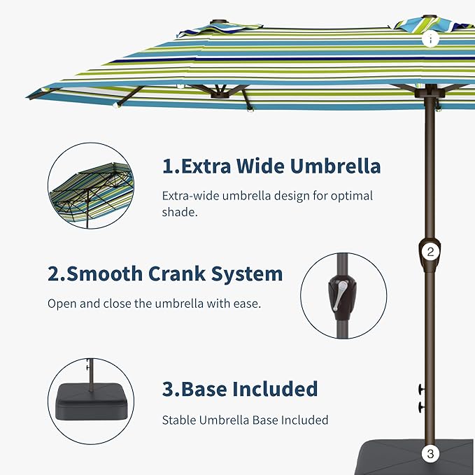 15FT Double Sided Patio Umbrella with Base Included Large Outdoor Market Umbrella with Crank Handle, UV Resistant Canopy, Sturdy Frame for Garden, Poolside, Deck, Green Stripes