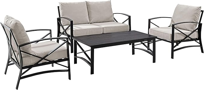 Crosley Furniture Kaplan 4-Piece Outdoor Loveseat Patio Furniture Set, Conversation Sets for Porch, Deck, Oiled Bronze with Oatmeal Cushions