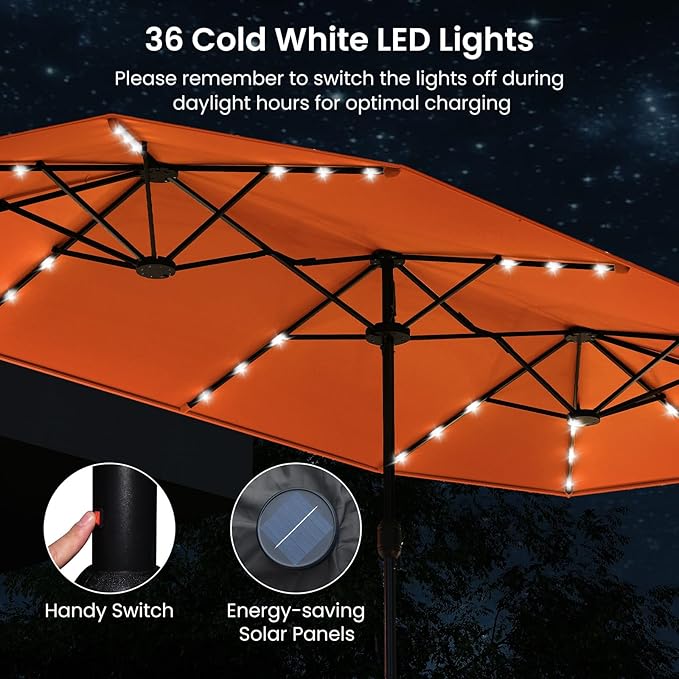 Tangkula 13FT Double-Sided Solar Patio Umbrella, Extra-Large Outdoor Twin Umbrella with 36 LED Lights, Vented Top, Crank Handle, 12 Ribs, Weighted Base Included for Backyard Poolside Deck (Orange)