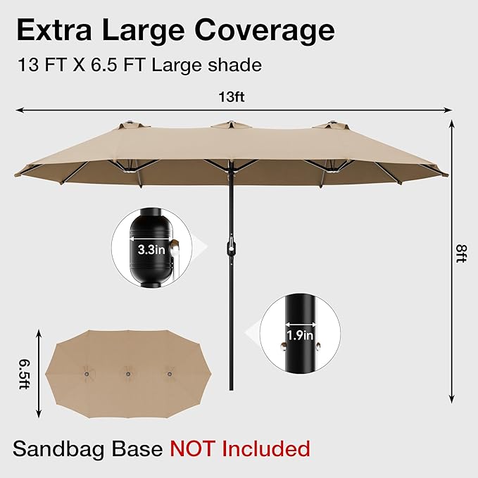 Joyside 13FT Large Patio Umbrella, Outdoor Double Sided Umbrella, Rectangle Umbrella with Crank Handle, 12 Sturdy Ribs for Deck, Porch and Pool