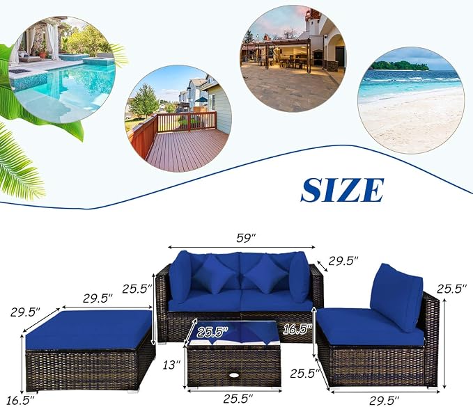 RELAX4LIFE 5-Piece Rattan Sofa Set - Wicker Conversation Set w/Armless Sofa, 2 Corner Sofas, Ottoman, Tempered Coffee Table, All Weather Outdoor Furniture Set for Patio, Poolside, Yard (Navy Blue)
