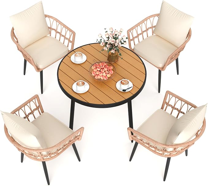 Pamapic 5 Pieces Patio Dining Set,All-Weather PE Rattan Patio Furniture Set with Wood Table Top, Outdoor Table and Chairs with Removable Cushion & Round Dining Table for Lawn Garden Patio, Beige