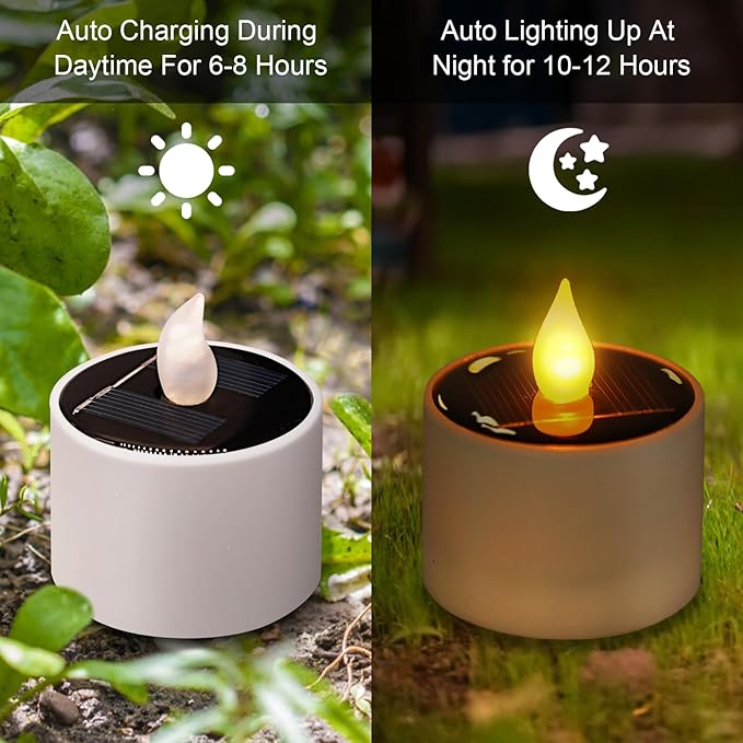 Solar Tea Lights Outdoor Waterproof - 6 Pack Flameless Flickering Solar Candles Reusable LED Tea Light Candles Rechargeable Dusk to Dawn Lighting for Lanterns Garden Camping Home Decor, 2.3''x2.1''