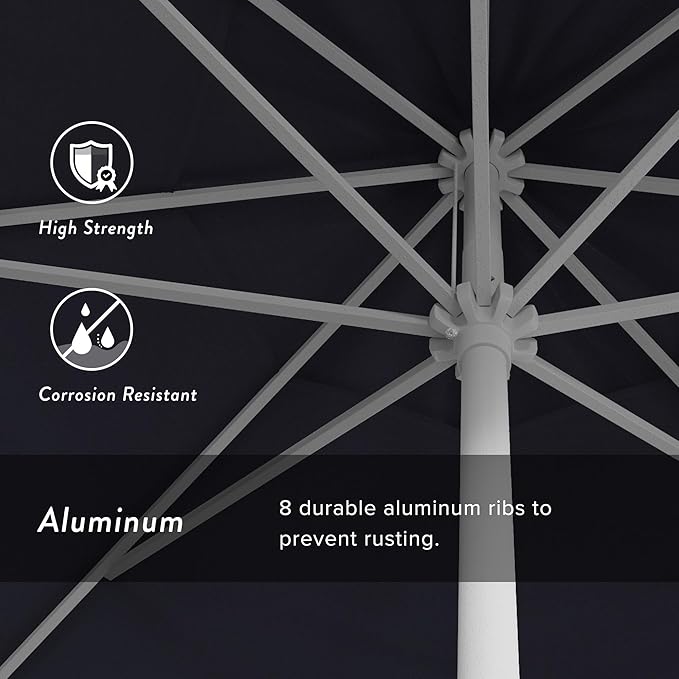 California Umbrella 12-Year Protection 9' Rd Aluminum Patio Umbrella, Crank Lift, Auto Tilt, White Finish, Sunbrella Navy