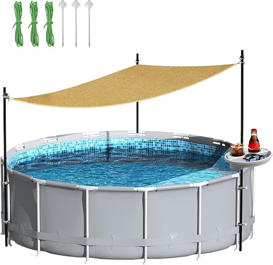 Pool Shade Set for 11-16 Ft Above Ground Pools - UV-Resistant Shade Sail Triangular 10'x10'x10' with Storage Tray, Outdoor Sun Shade Canopy with Poles for Deck, Patio, Garden, Pool Accessories
