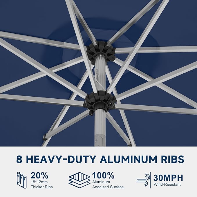 10FT Aluminum Outdoor Patio Umbrella, Fade-Resistant Market Umbrella with Push Button Tilt Function, 8 Sturdy All-Aluminum Ribs for Gardens, Patios, Backyards & Pools