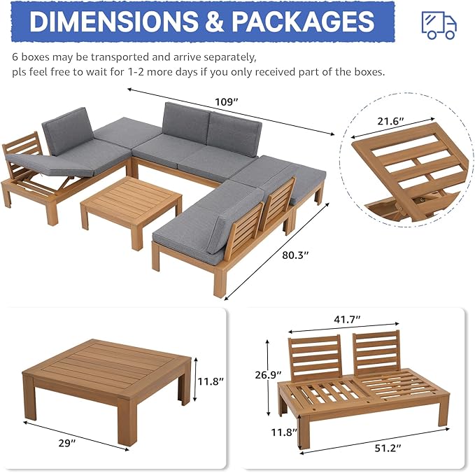 SUNSITT 6 Piece Acacia Wood Patio Furniture Outdoor Sectional Sofa Set with Adjustable Armrest, FSC Certified L-Shaped Patio Set w/2-in-1 Coffee Table, Grey Cushions