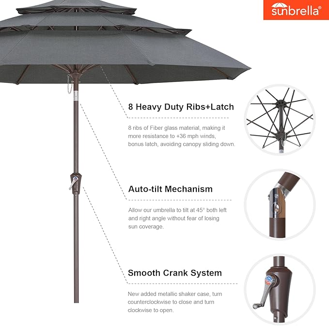 ABCCANOPY 5-Year 10-Year No Fading 9FT 3 Tiers Patio Umbrella, Outdoor Table Umbrella with 8 Sturdy Ribs for Deck, Backyard, Garden, Yard