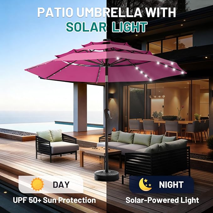AreShark 9ft 3 Tiers Patio Umbrella with Solar Lights, Outdoor Umbrella w/ 32 LED Lights&8 Sturdy Ribs, Table Umbrella for Deck, Backyard, Pool (Rose Pink)