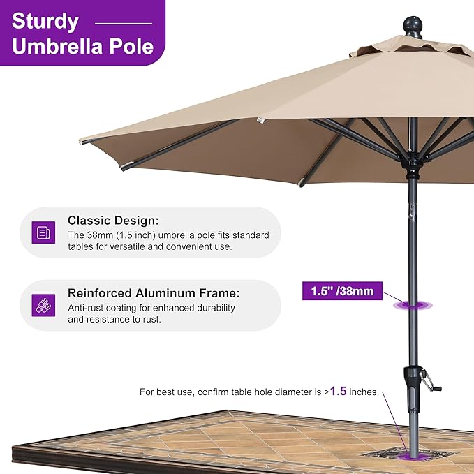 PURPLE LEAF 9' Round Patio Umbrella Outdoor Table Umbrella Aluminum Frame Market Umbrella Sun Umbrella with 8 Sturdy Ribs Tilt for Garden Deck Lawn Pool Taupe