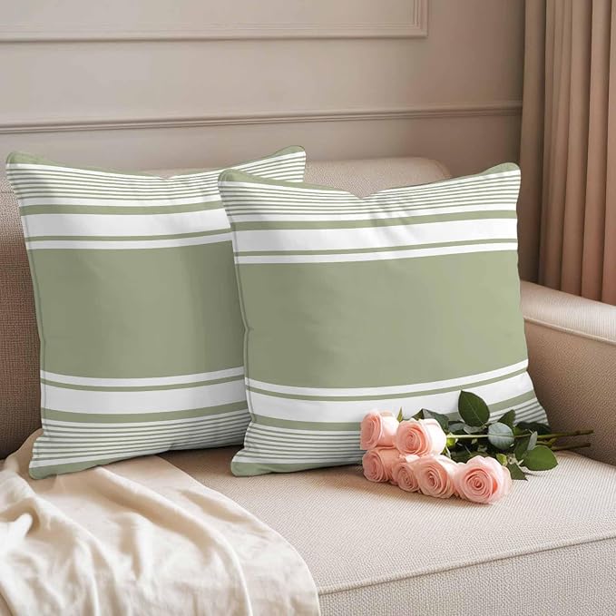 Outdoor Waterproof Throw Pillow Covers, Sage Green Striped Decorative Pillow Cases, Modern Color Block Farmhouse Stripes Couch Pillow Protector Patio Sofa Cushion Covers Replacement 24"x24" 2 Pack