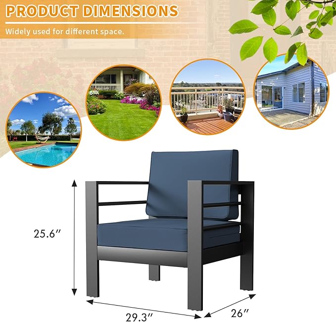 Aluminum Patio Furniture Set, Single Chair Outdoor Set with 5 Inch Cushions, Patio Sofa Sets with Waterproof Covers for Backyard Garden(Grey&Blue)