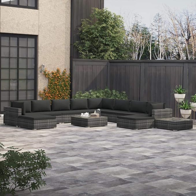 12 Piece Patio Lounge Set with Cushions, Patio Conversation Set Outdoor Sofa Sets Porch Furniture Set Sectional Sofa for Exhibition Piazza Garden Negotiation Area Poly Rattan Gray