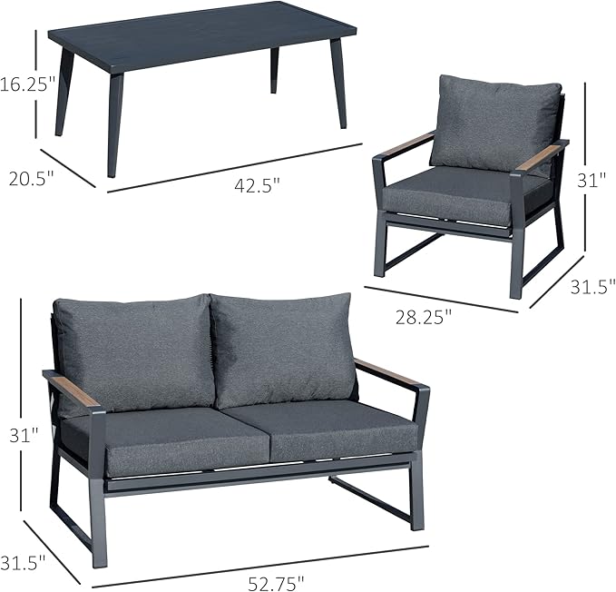 Outsunny 4 Piece Patio Furniture Set, Aluminum Conversation Set, Outdoor Garden Sofa Set with Armchairs, Loveseat, Center Coffee Table and Cushions, Dark Grey