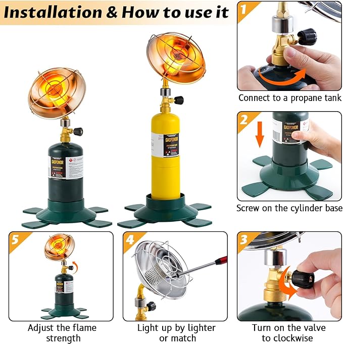 6200BTU Propane Heater with Windproof USB lighter, Gas Heater Camping, Outdoor Propane Heater with Cylinder Stand (Fuel not included)