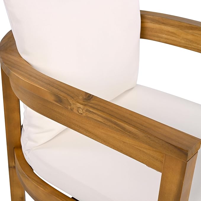 Christopher Knight Home Abact Acacia Wood Patio Dining Set for 4, Solid Wood Outdoor Dining Table Set for 4, Round Dining Table and Chairs Set of 4 with Cushion, Teak+Beige