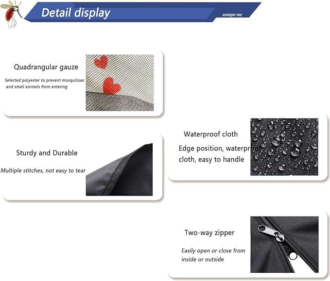 Mosquito Netting For 13/14/15FT Patio Umbrella Double-Sided, Screen Walls Zipper Double Door Black