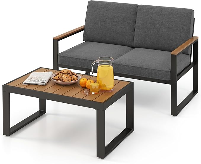 Tangkula 2 Piece Patio Aluminum Furniture Set, Outdoor Cushioned Loveseat with Coffee Table Set, with Wood-Plastic Armrests & Tabletop, for Balcony, Backyard, Poolside
