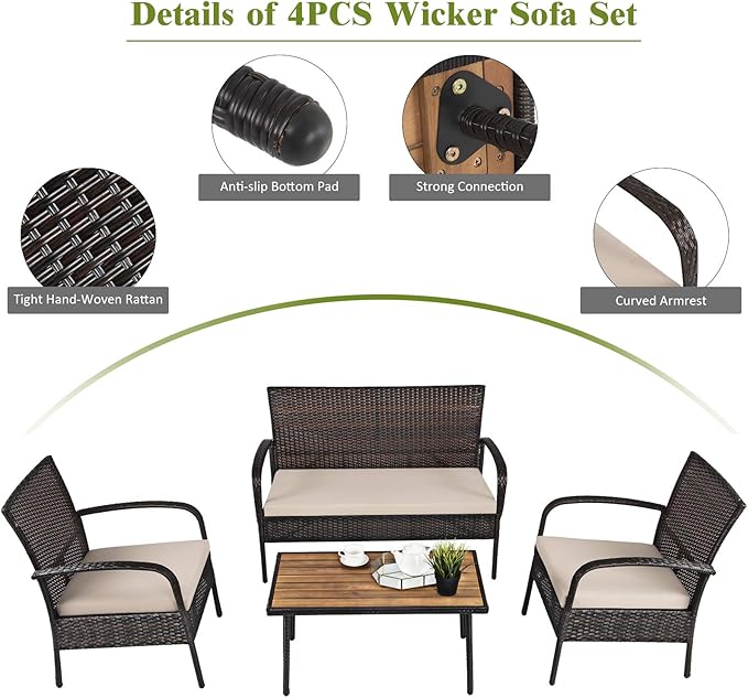 Tangkula 4 PCS Patio Rattan Furniture Set, Outdoor Conversation Set w/Cushions & Acacia Wood Coffee Tabletop, Sectional Sofa Set for Garden, Backyard, Poolside (1, Brown)