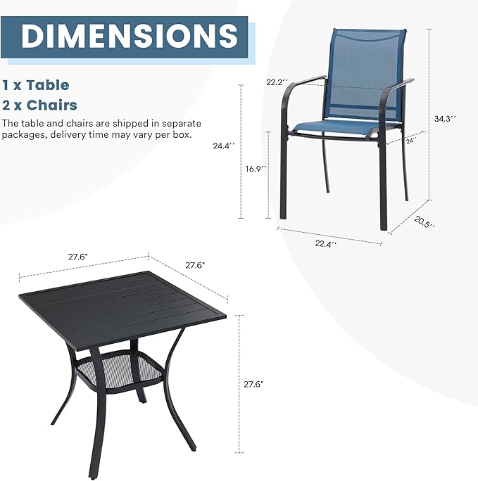 DIFY 3-Piece Outdoor Patio Bistro Dining Set, Black Small Square Dining Table & 2 Blue Stackable Metal Chairs with Breathable Fabric, Outdoor Furniture Set for Balcony, Porch, and Deck