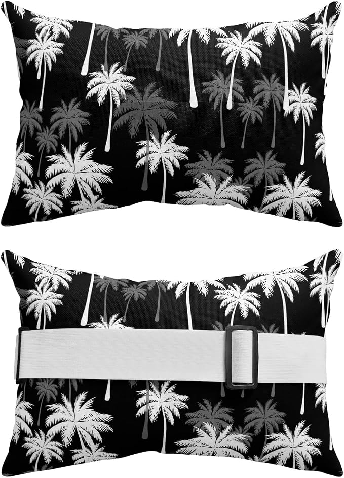 Tropical Palm Tree Outdoor Pillows for Chaise Lounge Chair Waterproof Lumbar Pillows with Insert&Adjustable Strap Beach Headrest Pillow Black White Plants Coastal Leaf Beach Pool Pillow 12"x20"
