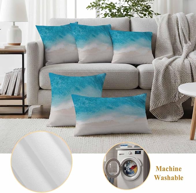 Pack of 2 Blue Beach Coastal Outdoor Pillow Covers Decorative, Ocean Seaside Waterproof Pillow Protector, Summer Nautical Throw Pillowcases Accent Cushion Cases for Patio Couch Sofa 26"x26"