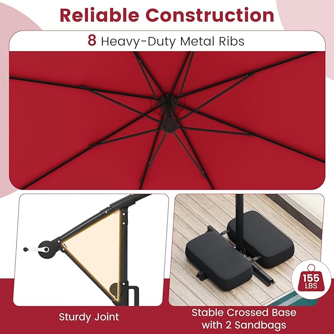 Tangkula 10 FT Solar Patio Umbrella with Base Included, Cantilever Offset Hanging Outdoor Umbrella with 96 Multi-Colored Flowing LED Lights, 9 Modes, Tilt Adjustment, 360° Rotation, Crank for Pool Yard Deck Lawn (Red)
