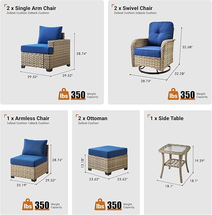 ovios 8 Piece Patio Sectional Furniture with Swivel Rocking Chairs, Rattan Wicker Coversation Couch Set, Outdoor Sofa Set for Outside Porch Balcony Backyard Pool, Navy Blue