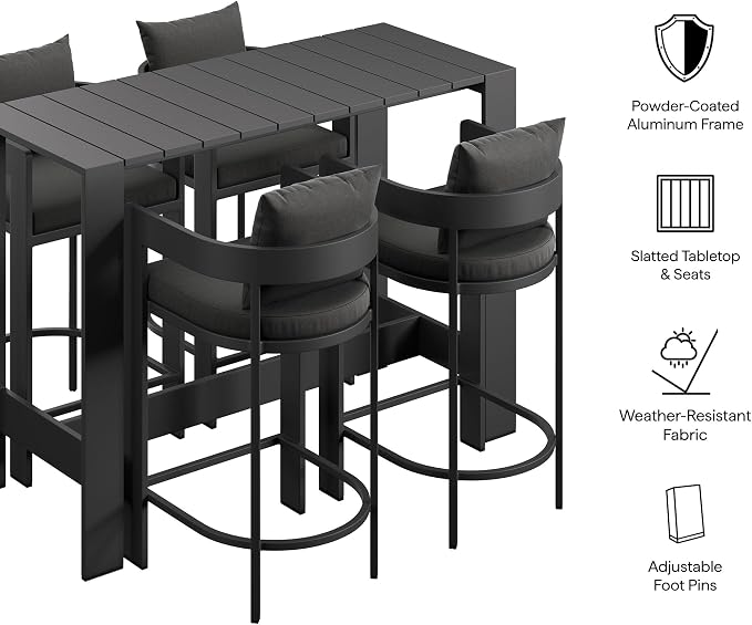 Modway Tahoe 5-Piece Outdoor Patio Bar Table Set in Charcoal