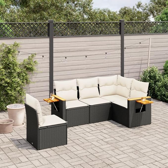 vidaXL Patio Sofa Set with Cushions 5 Piece, Outdoor Conversation Set, Sectional Sofa for Balcony Garden, Modern Style, Black Poly Rattan